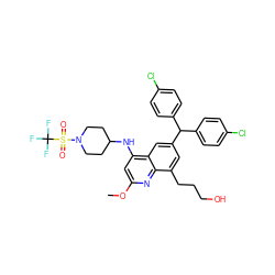 COc1cc(NC2CCN(S(=O)(=O)C(F)(F)F)CC2)c2cc(C(c3ccc(Cl)cc3)c3ccc(Cl)cc3)cc(CCCO)c2n1 ZINC001772604761