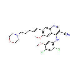 COc1cc(Nc2c(C#N)cnc3cc(/C=C/CCCN4CCOCC4)c(OC)cc23)c(Cl)cc1Cl ZINC000049067675