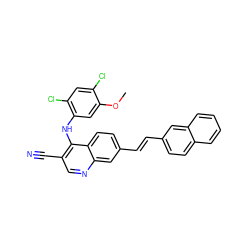 COc1cc(Nc2c(C#N)cnc3cc(/C=C/c4ccc5ccccc5c4)ccc23)c(Cl)cc1Cl ZINC000014945501