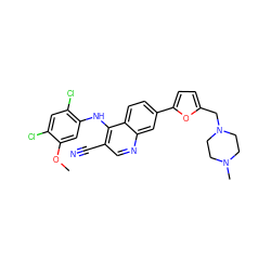 COc1cc(Nc2c(C#N)cnc3cc(-c4ccc(CN5CCN(C)CC5)o4)ccc23)c(Cl)cc1Cl ZINC000023358245