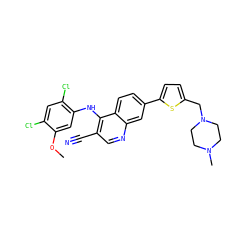 COc1cc(Nc2c(C#N)cnc3cc(-c4ccc(CN5CCN(C)CC5)s4)ccc23)c(Cl)cc1Cl ZINC000023357865