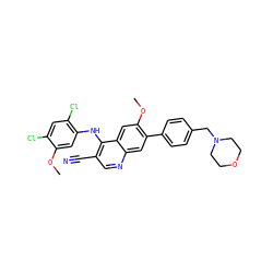 COc1cc(Nc2c(C#N)cnc3cc(-c4ccc(CN5CCOCC5)cc4)c(OC)cc23)c(Cl)cc1Cl ZINC000014945451