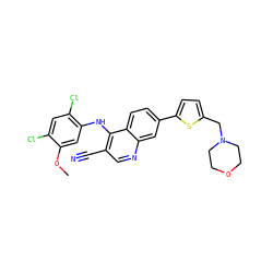 COc1cc(Nc2c(C#N)cnc3cc(-c4ccc(CN5CCOCC5)s4)ccc23)c(Cl)cc1Cl ZINC000014945311