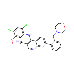 COc1cc(Nc2c(C#N)cnc3cc(-c4ccccc4CN4CCOCC4)ccc23)c(Cl)cc1Cl ZINC000013819362