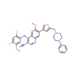 COc1cc(Nc2c(C#N)cnc3cc(-c4coc(CN5CCN(c6ccccc6)CC5)c4)c(OC)cc23)c(Cl)cc1Cl ZINC000014951776