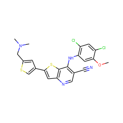 COc1cc(Nc2c(C#N)cnc3cc(-c4csc(CN(C)C)c4)sc23)c(Cl)cc1Cl ZINC000013644836