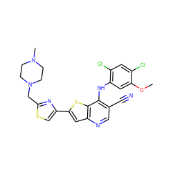 COc1cc(Nc2c(C#N)cnc3cc(-c4csc(CN5CCN(C)CC5)n4)sc23)c(Cl)cc1Cl ZINC000023357890