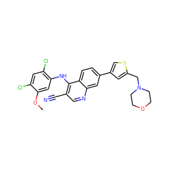 COc1cc(Nc2c(C#N)cnc3cc(-c4csc(CN5CCOCC5)c4)ccc23)c(Cl)cc1Cl ZINC000014945309