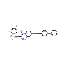 COc1cc(Nc2c(C#N)cnc3cc(C#Cc4ccc(-c5ccccc5)cc4)ccc23)c(Cl)cc1Cl ZINC000014945505