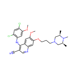 COc1cc(Nc2c(C#N)cnc3cc(OCCCN4C[C@H](C)N(C)[C@H](C)C4)c(OC)cc23)c(Cl)cc1Cl ZINC000023357810