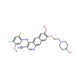 COc1cc(Nc2c(C#N)cnc3cc4cc(OCCN5CCC(O)CC5)c(OC)cc4cc23)c(Cl)cc1Cl ZINC000014945444