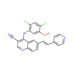 COc1cc(Nc2c(C#N)cnc3ccc(/C=C/c4ccncc4)cc23)c(Cl)cc1Cl ZINC000014945481