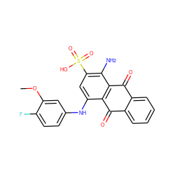 COc1cc(Nc2cc(S(=O)(=O)O)c(N)c3c2C(=O)c2ccccc2C3=O)ccc1F ZINC001772588030