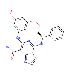 COc1cc(Nc2nc(N[C@@H](C)c3ccccc3)n3ccnc3c2C(N)=O)cc(OC)c1 ZINC000040414159