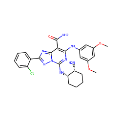 COc1cc(Nc2nc(N[C@H]3CCCC[C@H]3N)n3nc(-c4ccccc4Cl)nc3c2C(N)=O)cc(OC)c1 ZINC000003987621