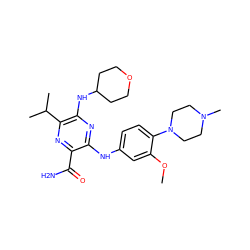 COc1cc(Nc2nc(NC3CCOCC3)c(C(C)C)nc2C(N)=O)ccc1N1CCN(C)CC1 ZINC000113476381