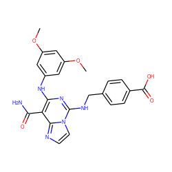 COc1cc(Nc2nc(NCc3ccc(C(=O)O)cc3)n3ccnc3c2C(N)=O)cc(OC)c1 ZINC000040933469