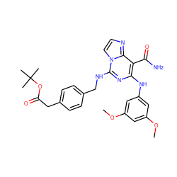 COc1cc(Nc2nc(NCc3ccc(CC(=O)OC(C)(C)C)cc3)n3ccnc3c2C(N)=O)cc(OC)c1 ZINC000044417342