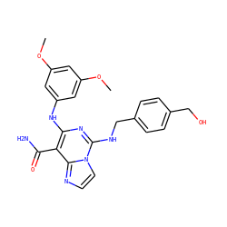 COc1cc(Nc2nc(NCc3ccc(CO)cc3)n3ccnc3c2C(N)=O)cc(OC)c1 ZINC000040919255