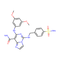 COc1cc(Nc2nc(NCc3ccc(S(N)(=O)=O)cc3)n3ccnc3c2C(N)=O)cc(OC)c1 ZINC000040879009