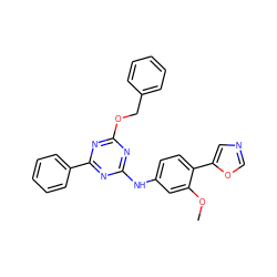 COc1cc(Nc2nc(OCc3ccccc3)nc(-c3ccccc3)n2)ccc1-c1cnco1 ZINC000013445179