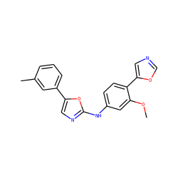 COc1cc(Nc2ncc(-c3cccc(C)c3)o2)ccc1-c1cnco1 ZINC000003594954