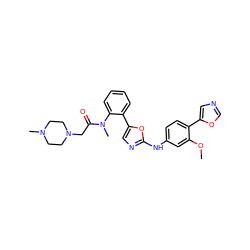 COc1cc(Nc2ncc(-c3ccccc3N(C)C(=O)CN3CCN(C)CC3)o2)ccc1-c1cnco1 ZINC000022925764