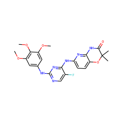 COc1cc(Nc2ncc(F)c(Nc3ccc4c(n3)NC(=O)C(C)(C)O4)n2)cc(OC)c1OC ZINC000006745792
