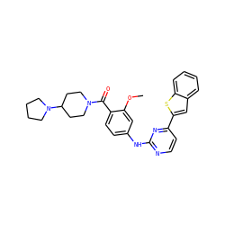 COc1cc(Nc2nccc(-c3cc4ccccc4s3)n2)ccc1C(=O)N1CCC(N2CCCC2)CC1 ZINC000028564228