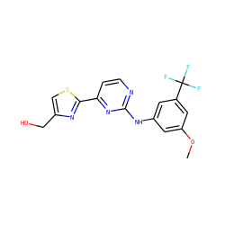 COc1cc(Nc2nccc(-c3nc(CO)cs3)n2)cc(C(F)(F)F)c1 ZINC000006716292