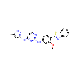 COc1cc(Nc2nccc(Nc3cc(C)[nH]n3)n2)ccc1-c1nc2ccccc2s1 ZINC000040393135