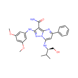 COc1cc(Nc2nn3c(N[C@@H](CO)C(C)C)cc(-c4ccccc4)nc3c2C(N)=O)cc(OC)c1 ZINC000029123342