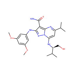 COc1cc(Nc2nn3c(N[C@@H](CO)C(C)C)cc(C(C)C)nc3c2C(N)=O)cc(OC)c1 ZINC000029123343