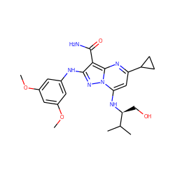 COc1cc(Nc2nn3c(N[C@@H](CO)C(C)C)cc(C4CC4)nc3c2C(N)=O)cc(OC)c1 ZINC000029123309