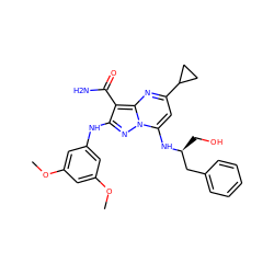 COc1cc(Nc2nn3c(N[C@@H](CO)Cc4ccccc4)cc(C4CC4)nc3c2C(N)=O)cc(OC)c1 ZINC000029123234