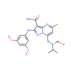 COc1cc(Nc2nn3c(N[C@H](CO)C(C)C)cc(C)nc3c2C(N)=O)cc(OC)c1 ZINC000029123379