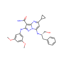 COc1cc(Nc2nn3c(N[C@H](CO)Cc4ccccc4)cc(C4CC4)nc3c2C(N)=O)cc(OC)c1 ZINC000029123236