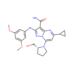 COc1cc(Nc2nn3c(N4CCC[C@@H]4CO)cc(C4CC4)nc3c2C(N)=O)cc(OC)c1 ZINC000029123276