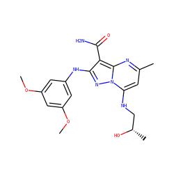 COc1cc(Nc2nn3c(NC[C@H](C)O)cc(C)nc3c2C(N)=O)cc(OC)c1 ZINC000029123441