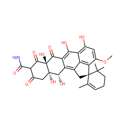 COc1cc(O)c2c(O)c3c(c4c2c1[C@@]1(C4)C(C)=CCCC1(C)C)[C@H](O)[C@@]1(O)CC(=O)C(C(N)=O)C(=O)[C@]1(O)C3=O ZINC000008034225