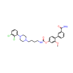 COc1cc(OC(=O)NCCCCN2CCN(c3cccc(Cl)c3Cl)CC2)ccc1-c1cccc(C(N)=O)c1 ZINC000223244436