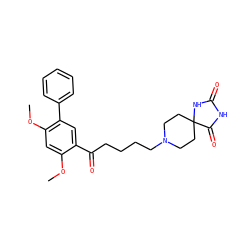 COc1cc(OC)c(-c2ccccc2)cc1C(=O)CCCCN1CCC2(CC1)NC(=O)NC2=O ZINC000026647289