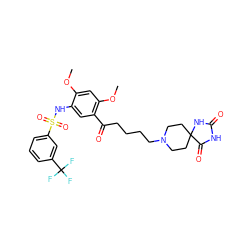 COc1cc(OC)c(C(=O)CCCCN2CCC3(CC2)NC(=O)NC3=O)cc1NS(=O)(=O)c1cccc(C(F)(F)F)c1 ZINC000026580261