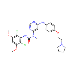 COc1cc(OC)c(Cl)c(NC(=O)N(C)c2cc(Nc3ccc(OCCN4CCCC4)cc3)ncn2)c1Cl ZINC000072123052