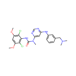 COc1cc(OC)c(Cl)c(NC(=O)N(C)c2cc(Nc3cccc(CN(C)C)c3)ncn2)c1Cl ZINC000072123477