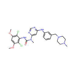 COc1cc(OC)c(Cl)c(NC(=O)N(C)c2cc(Nc3cccc(CN4CCN(C)CC4)c3)ncn2)c1Cl ZINC000072124316