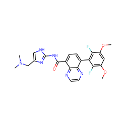 COc1cc(OC)c(F)c(-c2ccc(C(=O)Nc3nc(CN(C)C)c[nH]3)c3nccnc23)c1F ZINC000115294111