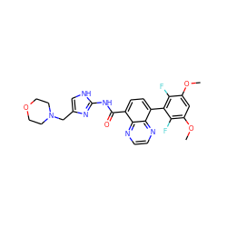 COc1cc(OC)c(F)c(-c2ccc(C(=O)Nc3nc(CN4CCOCC4)c[nH]3)c3nccnc23)c1F ZINC000115294222