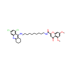 COc1cc(OC)c2c(=O)cc(C(=O)NCCCCCCCCCCNc3c4c(nc5cc(Cl)cc(Cl)c35)CCCC4)oc2c1 ZINC000084596261