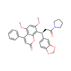 COc1cc(OC)c2c(-c3ccccc3)cc(=O)oc2c1[C@@H](CC(=O)N1CCCC1)c1ccc2c(c1)OCO2 ZINC000013661534